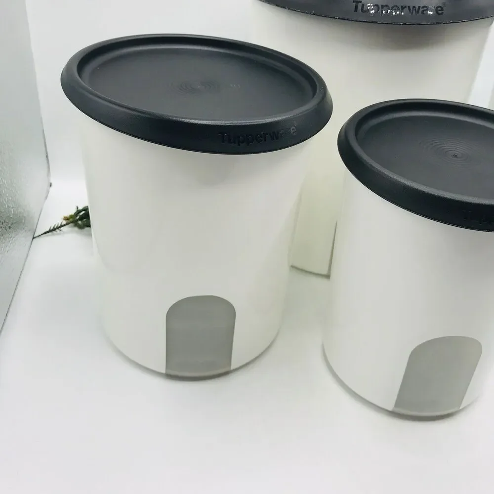 Tupperware One-Touch Reminder 4 Piece Canister Set White W/ Black Lids Tradition